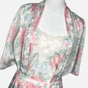 Vintage 80s Night Gown And Robe Satin Set, Pastel Floral, Size Large